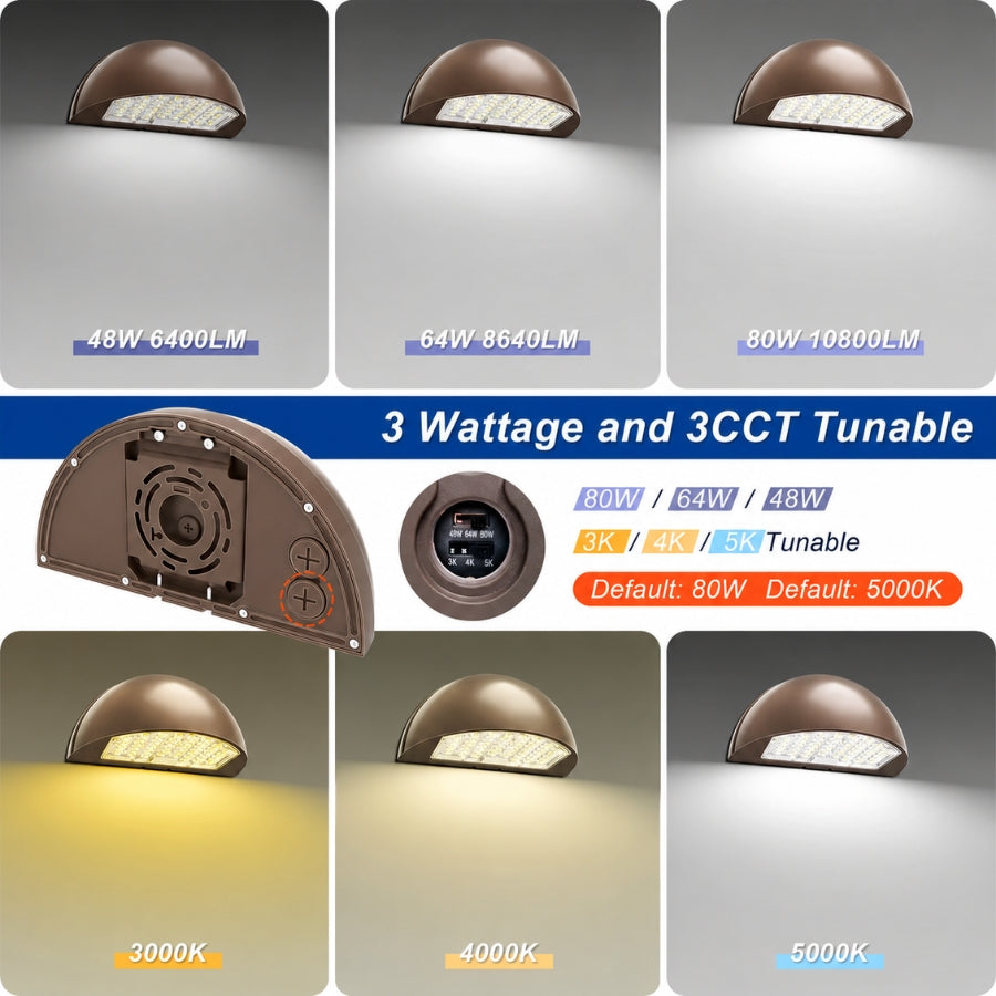 LED Half Moon Wall Pack Light, 3-Wattage Selectable (48W/64W/80W), Up to 10,800 Lumens, 3000K/4000K/5000K CCT Selectable, Up to 300W Metal Halide Equivalent, Built-In Dusk-to-Dawn Photocell, 120-347V, 5-Year Warranty