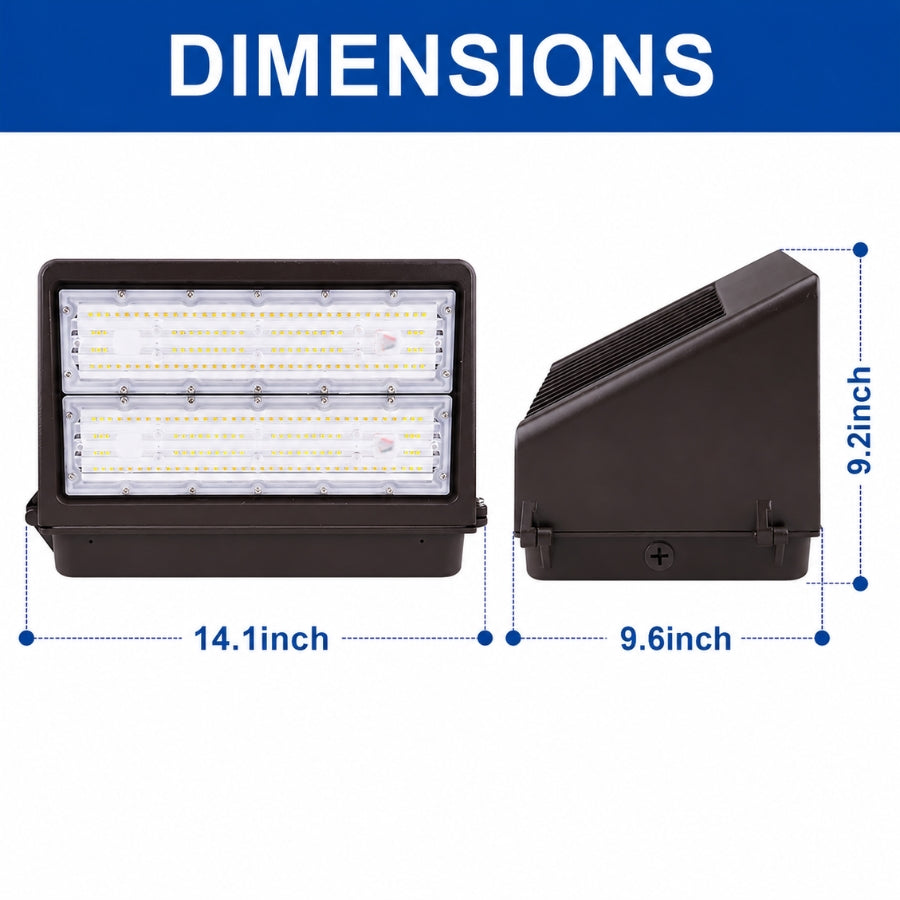 100W Full Cutoff LED Wall Pack Light, 14,000 Lumens, 400W Metal Halide Equivalent, 3000K/4000K/5000K CCT Selectable, Built-In Dusk-to-Dawn Photocell, 120-277V, DLC Premium, 5-Year Warranty