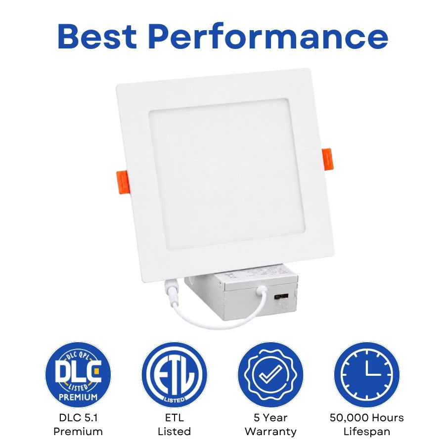 6-Inch Slim Square LED Recessed Downlight, 960 Lumens, 5CCT Selectable 2700K/3000K/3500K/4000K/5000K, Canless IC-Rated Ceiling Light with Junction Box, 12W TRIAC Dimmable Ultra-Thin Wafer Design, 27-36W MH/HPS Equivalent, 120V, 90+ CRI, 5-Year Warranty