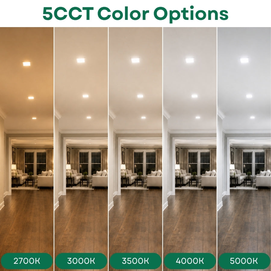 4-Inch Slim Square LED Recessed Downlight, 720 Lumens, 5CCT Selectable 2700K/3000K/3500K/4000K/5000K, Canless IC-Rated Ceiling Light with Junction Box, 9W TRIAC Dimmable Ultra-Thin Wafer Design, 18-27W MH/HPS Equivalent, 120V, 90+ CRI, 5-Year Warranty