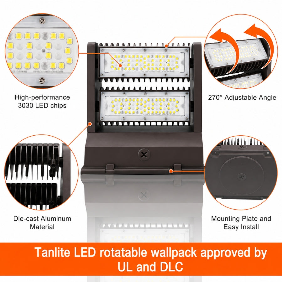 120W Rotatable LED Wall Pack Light, 16,200 Lumens, 400W Metal Halide Equivalent, 350° Adjustable Optics, 120-277V, DLC Premium, 5-Year Warranty
