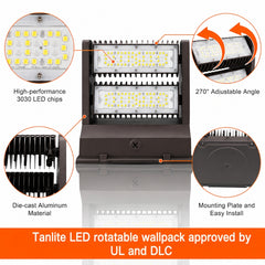 120W Rotatable LED Wall Pack Light, 16,200 Lumens, 400W Metal Halide Equivalent, 350° Adjustable Optics, 120-277V, DLC Premium, 5-Year Warranty