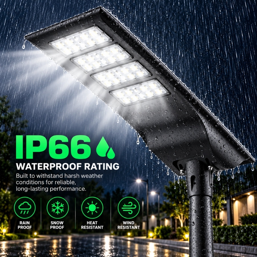 100W Solar LED Street Light, 10,000 Lumens, 5700K, LUXEON 3030 LEDs, 6V Monocrystalline Solar Panel, LiFePO4 Battery, Motion Sensor, Dusk-to-Dawn Light Control, 150°×65° Beam, IP66, Aluminum Housing, 60/76mm Pole Mount, 6-8M Mounting Height, Black