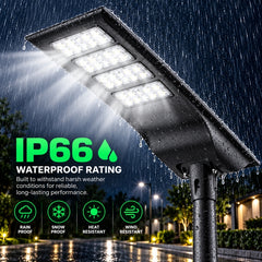 100W Solar LED Street Light, 10,000 Lumens, 5700K, LUXEON 3030 LEDs, 6V Monocrystalline Solar Panel, LiFePO4 Battery, Motion Sensor, Dusk-to-Dawn Light Control, 150°×65° Beam, IP66, Aluminum Housing, 60/76mm Pole Mount, 6-8M Mounting Height, Black