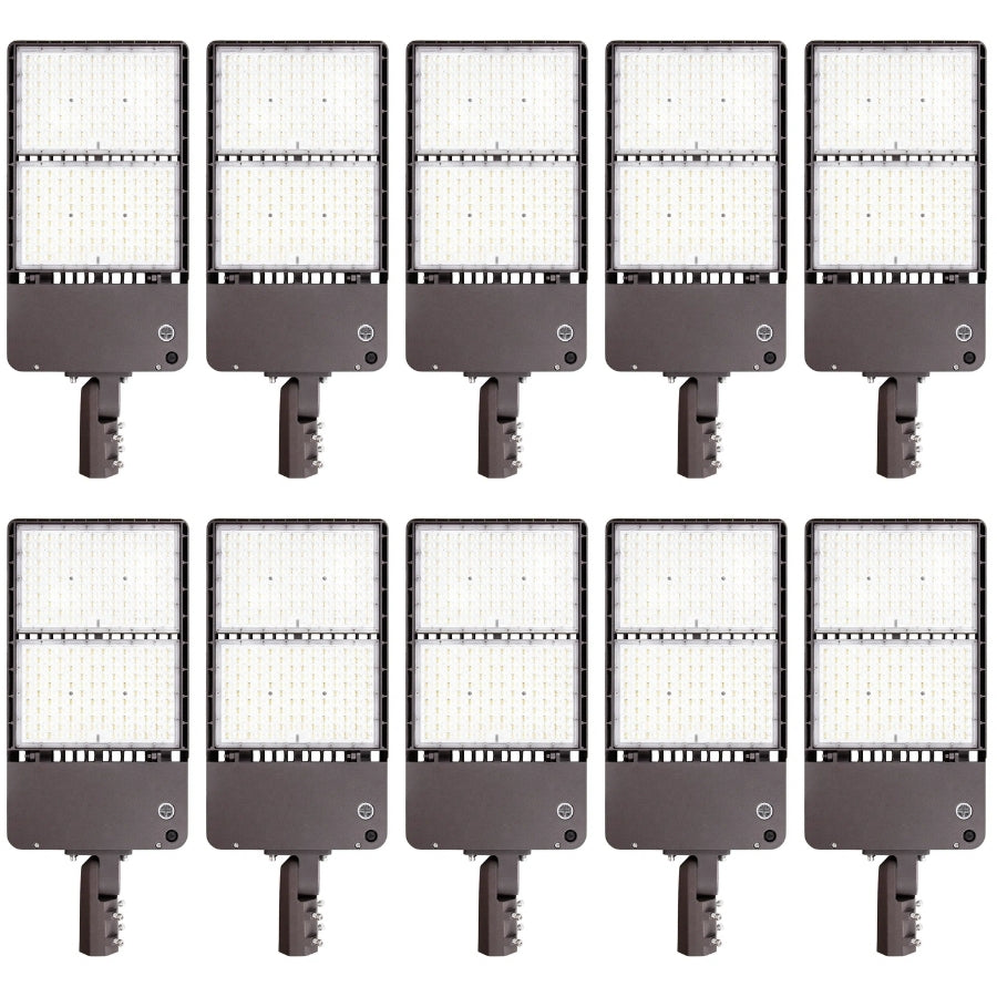 500W Max LED Shoebox Parking Lot Light, Up to 80,000 Lumens, 160 LM/W, 3000K/4000K/5000K CCT Selectable, Type III Distribution, 100-277V, 0-10V Dimmable, 1500W Metal Halide Equivalent, Bronze Housing, Slipfitter Mount, IP65, UL & DLC Certified