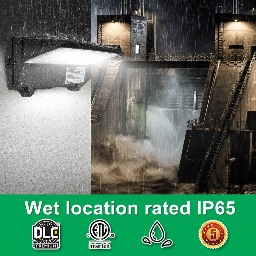 Full Cutoff LED Wall Pack Light, 4-Wattage Selectable (20W/40W/60W/80W), Up to 10,400 Lumens, Up to 250W Metal Halide Equivalent, 3000K/4000K/5000K CCT Selectable, Built-In Dusk-to-Dawn Photocell, 120-347V, 5-Year Warranty
