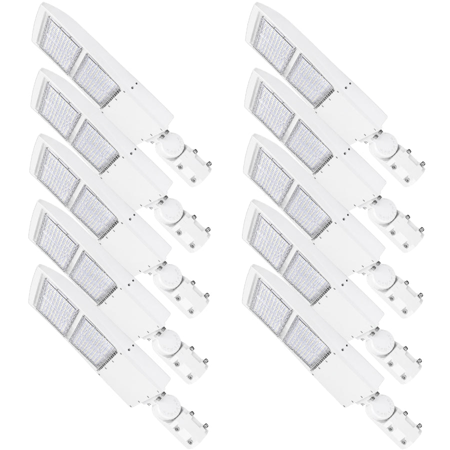 300W LED Parking Lot Light, 42,000 Lumens, 5000K Daylight, Type III/Type V Distribution, 120-277V, 1,000W Metal Halide Equivalent, Photocell Ready, 0-10V Dimmable, IP65 Waterproof, White Housing, UL & DLC Certified, 5-Year Warranty