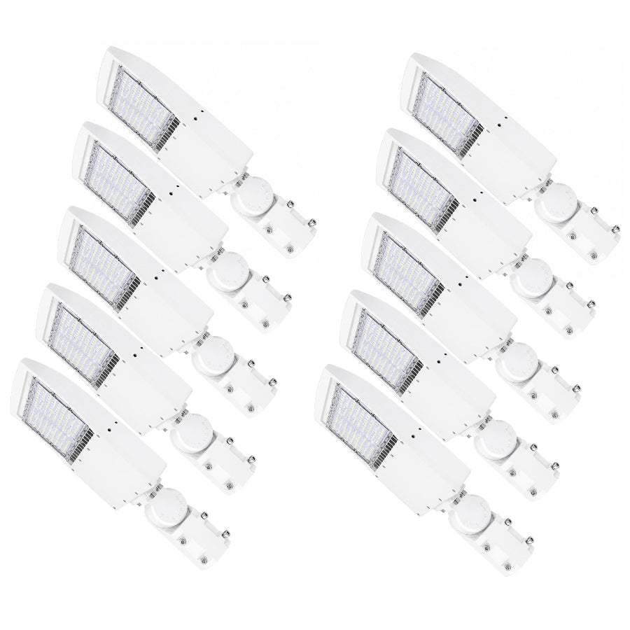 150W LED Parking Lot Light, 21,000 Lumens, 5000K Daylight, Type III/Type V Distribution, 120-277V, 600W Metal Halide Equivalent, Photocell Ready, 0-10V Dimmable, IP65 Waterproof, White Housing, UL & DLC Certified, 5-Year Warranty