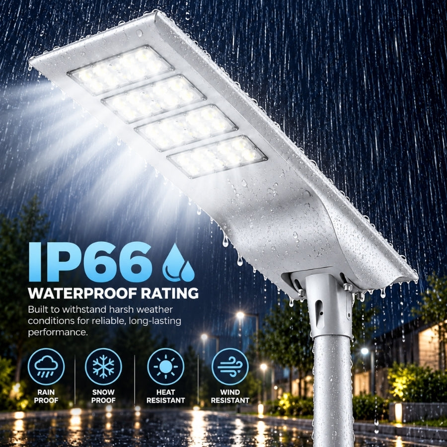 100W Solar LED Street Light, 10,000 Lumens, 5700K, LUXEON 3030 LEDs, 6V Monocrystalline Solar Panel, LiFePO4 Battery, Motion Sensor, Dusk-to-Dawn Light Control, 150°×65° Beam, IP66, Aluminum Housing, 60/76mm Pole Mount, 6-8M Mounting Height, Grey