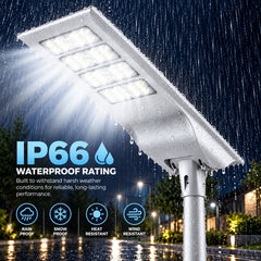 100W Solar LED Street Light, 10,000 Lumens, 5700K, LUXEON 3030 LEDs, 6V Monocrystalline Solar Panel, LiFePO4 Battery, Motion Sensor, Dusk-to-Dawn Light Control, 150°×65° Beam, IP66, Aluminum Housing, 60/76mm Pole Mount, 6-8M Mounting Height, Grey
