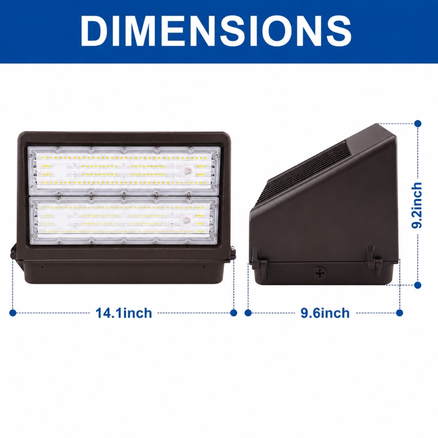 80W Full Cutoff LED Wall Pack Light, 11,200 Lumens, 250W Metal Halide Equivalent, 3000K/4000K/5000K CCT Selectable, Built-In Dusk-to-Dawn Photocell, 120-277V, DLC Premium, 5-Year Warranty