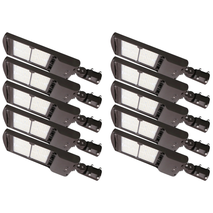 200W/240W/300W Selectable LED Parking Lot Light, Up to 45,000 Lumens, 3000K/4000K/5000K CCT Selectable, Type III Distribution, 120-277V, 1,000W Metal Halide Equivalent, 0-10V Dimmable, IP65 Waterproof, Bronze Housing, UL & DLC Certified, 5-Year Warranty