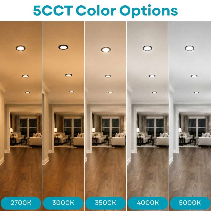 A comparison graphic showing five interior hallway scenes with recessed ceiling lights, labeled '5CCT Color Options' at the top and color temperature labels '2700K', '3000K', '3500K', '4000K', and '5000K' at the bottom. The scenes demonstrate different warm/cool light outputs.