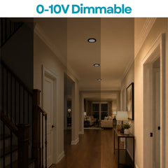 A dimmable recessed ceiling light shown installed in a hallway, with a vertical gradient overlay illustrating light levels from very dark to bright, under the text '0-10V Dimmable' at the top.