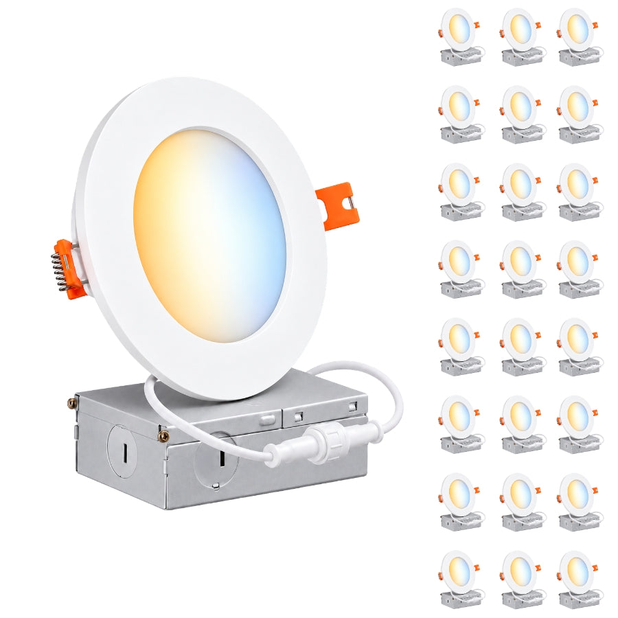 4-Inch Slim LED Recessed Downlight with Junction Box, 5CCT Selectable 2700K/3000K/3500K/4000K/5000K, 9W, 720LM, 120V, TRIAC Dimmable, 90+ CRI, White Aluminum Housing, Ultra-Thin Canless Wafer Design, 120° Beam Angle, ETL & cETL Listed