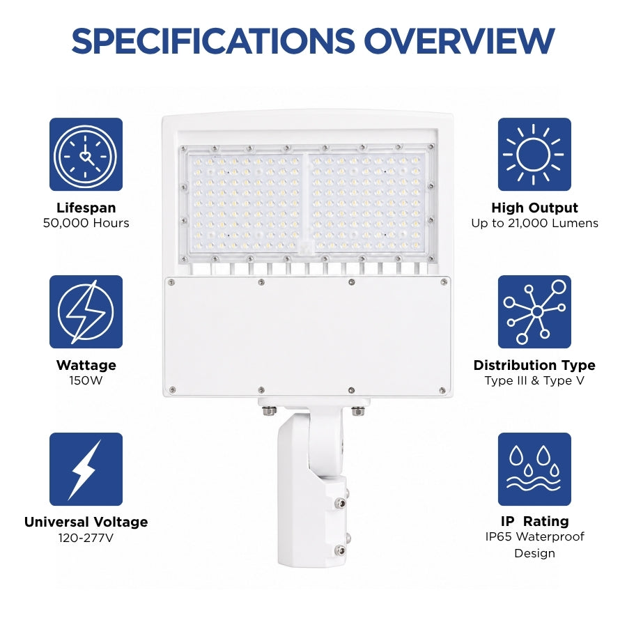 150W LED Parking Lot Light, 21,000 Lumens, 5000K Daylight, Type III/Type V Distribution, 120-277V, 600W Metal Halide Equivalent, Photocell Ready, 0-10V Dimmable, IP65 Waterproof, White Housing, UL & DLC Certified, 5-Year Warranty
