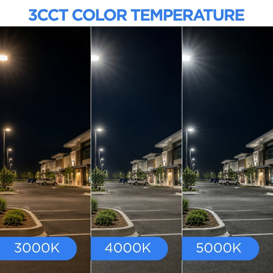 500W Max LED Shoebox Parking Lot Light, Up to 80,000 Lumens, 160 LM/W, 3000K/4000K/5000K CCT Selectable, Type III Distribution, 100-277V, 0-10V Dimmable, 1500W Metal Halide Equivalent, Bronze Housing, Slipfitter Mount, IP65, UL & DLC Certified