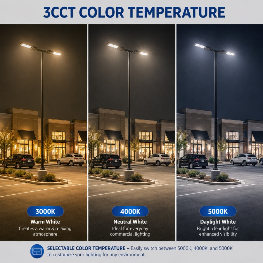 200W/240W/300W Selectable LED Parking Lot Light, Up to 45,000 Lumens, 3000K/4000K/5000K CCT Selectable, Type III Distribution, 120-277V, 1,000W Metal Halide Equivalent, 0-10V Dimmable, IP65 Waterproof, Bronze Housing, UL & DLC Certified, 5-Year Warranty