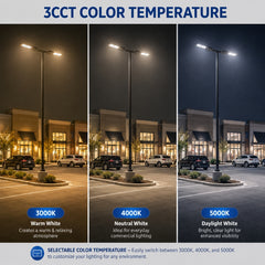 200W/240W/300W Selectable LED Parking Lot Light, Up to 45,000 Lumens, 3000K/4000K/5000K CCT Selectable, Type III Distribution, 120-277V, 1,000W Metal Halide Equivalent, 0-10V Dimmable, IP65 Waterproof, Bronze Housing, UL & DLC Certified, 5-Year Warranty