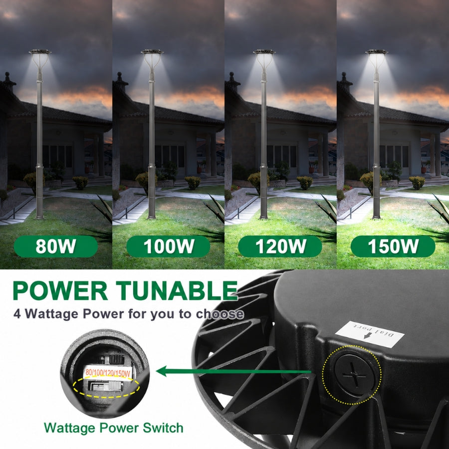 80W/100W/120W/150W CCT & Wattage Tunable Post Top LED Light, 3CCT 3000K/4000K/5000K, 130 LM/W, 120-277V AC, Built-In Photocell, 120° Beam, ETL/cETL & DLC Certified, IP65, 5-Year Warranty, Black Housing