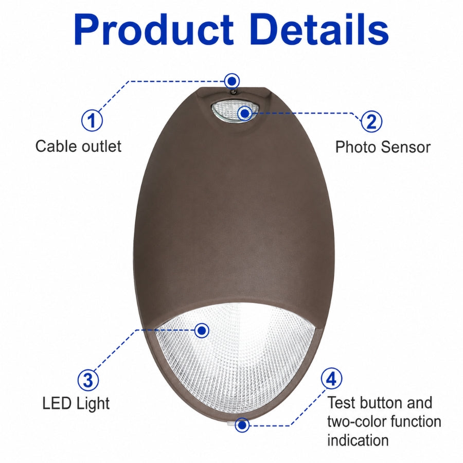 12W LED Security Wall Pack Light, 70W Metal Halide Equivalent, 960 Lumens, 5000K Daylight, 100-277V, Built-In Photocell, Emergency Battery Backup, UL Listed, IP65