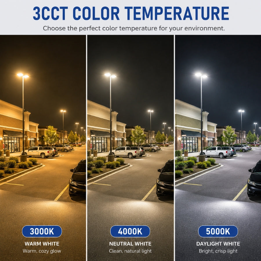 450W LED Shoebox Parking Lot Light, 58,500 Lumens, 1,500W Metal Halide Equivalent, 3000K/4000K/5000K CCT Selectable, Type III Distribution, 100-277V AC, 0-10V Dimmable, Bronze Housing, Slipfitter Mount, IP65, UL & DLC Certified