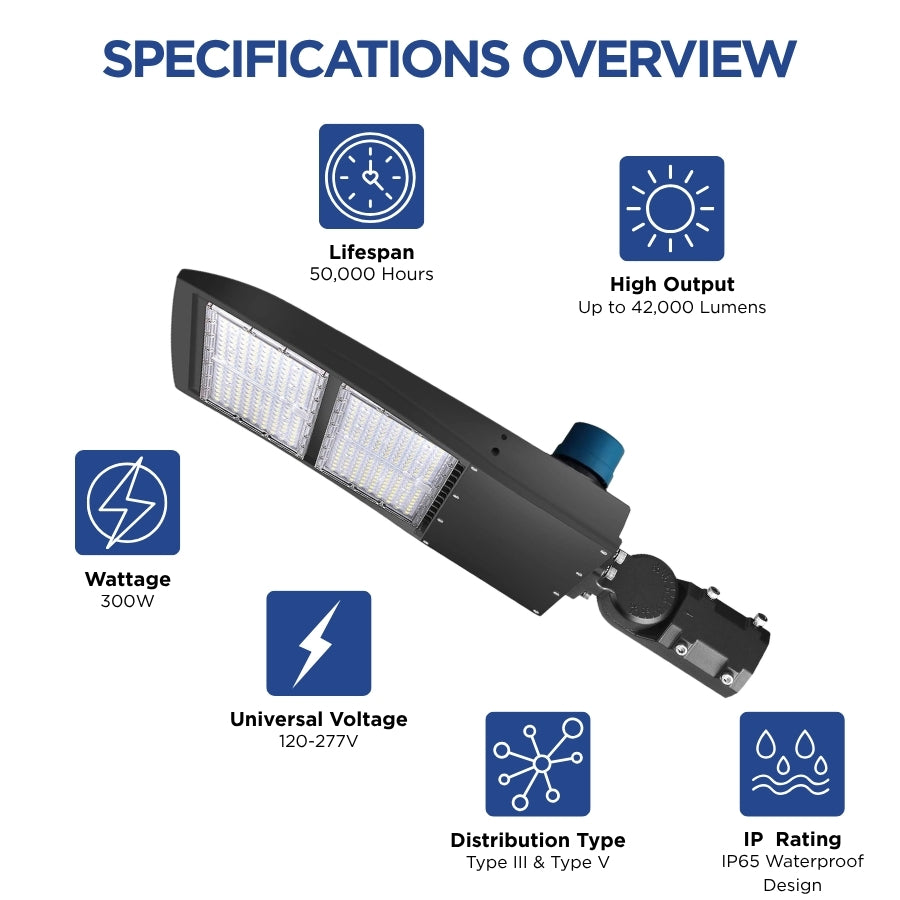 200W/240W/300W Selectable LED Parking Lot Light with Photocell, Up to 39,000 Lumens, 130 LM/W, 1,000W Metal Halide Equivalent, 100-277V, 0-10V Dimmable, Bronze Shoebox Area Light, Slipfitter/Arm Mount/Yoke Bracket, UL Listed