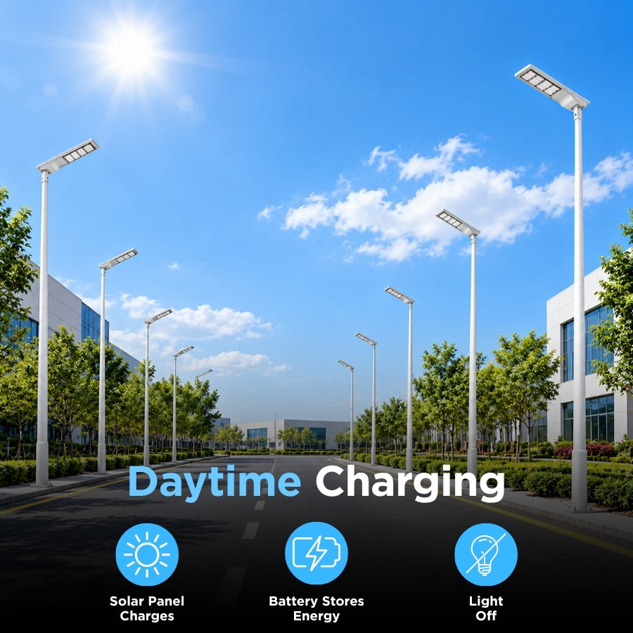 100W Solar LED Street Light, 10,000 Lumens, 5700K, LUXEON 3030 LEDs, 6V Monocrystalline Solar Panel, LiFePO4 Battery, Motion Sensor, Dusk-to-Dawn Light Control, 150°×65° Beam, IP66, Aluminum Housing, 60/76mm Pole Mount, 6-8M Mounting Height, Grey