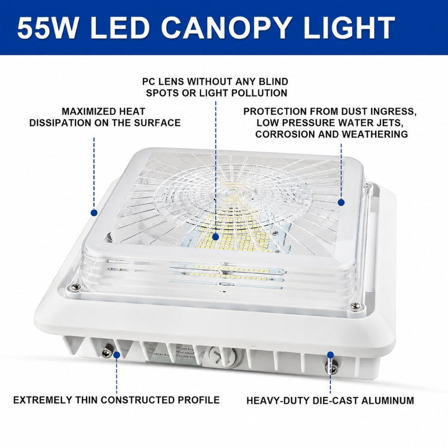 LED Under Canopy Light, 30W/40W/55W Selectable, Up to 7,150 Lumens, 3CCT, 120-277V AC, DLC Premium, IP65 Rated, Commercial Outdoor Ceiling Fixture for Gas Stations, Parking Garages & Soffits, 5-Year Warranty