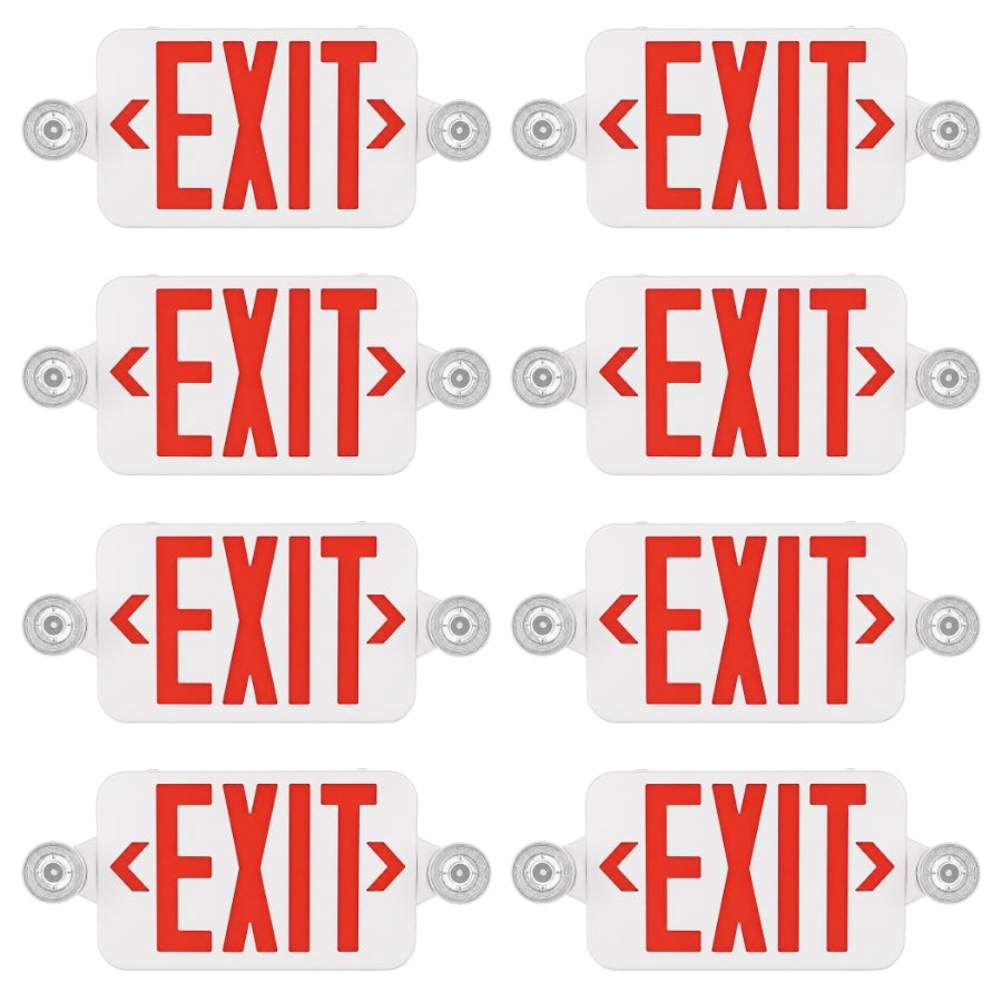 Red LED Exit Sign with Emergency Lights & Battery Backup, 120-277V AC, Wall/Ceiling Mount, Dual Adjustable LED Heads, 90-Minute Emergency Backup, Fire-Resistant Housing, UL 924 Listed, Commercial Emergency Lighting