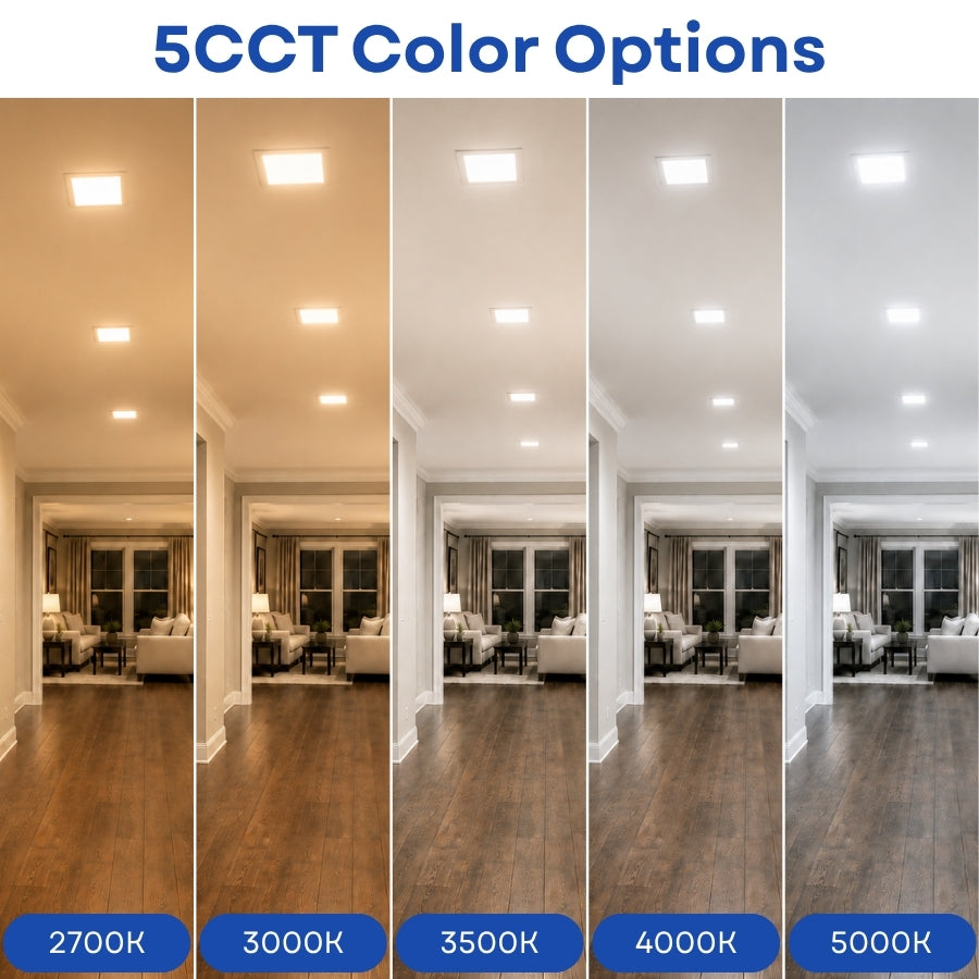 6-Inch Slim Square LED Recessed Downlight, 960 Lumens, 5CCT Selectable 2700K/3000K/3500K/4000K/5000K, Canless IC-Rated Ceiling Light with Junction Box, 12W TRIAC Dimmable Ultra-Thin Wafer Design, 27-36W MH/HPS Equivalent, 120V, 90+ CRI, 5-Year Warranty