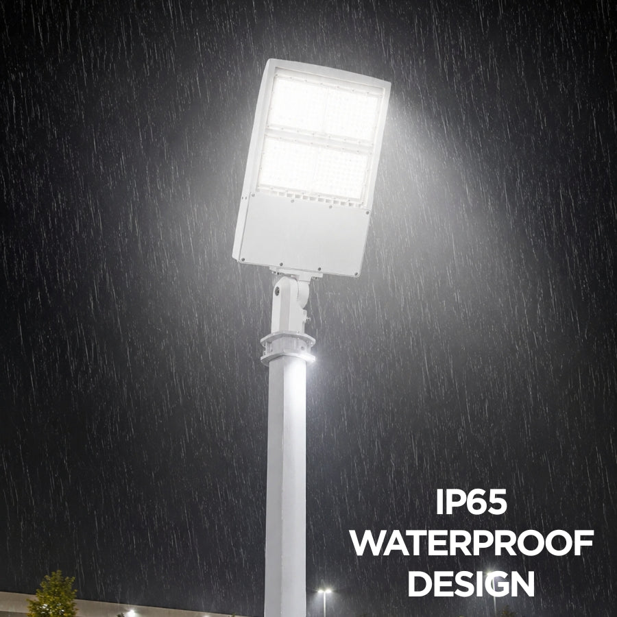 300W LED Parking Lot Light, 42,000 Lumens, 5000K Daylight, Type III/Type V Distribution, 120-277V, 1,000W Metal Halide Equivalent, Photocell Ready, 0-10V Dimmable, IP65 Waterproof, White Housing, UL & DLC Certified, 5-Year Warranty