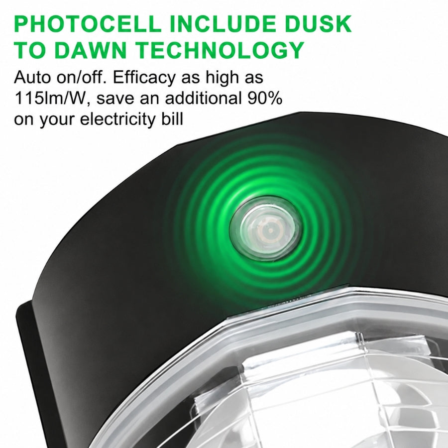 26W LED Mini Wall Pack Light, 3,588 Lumens, 90W Metal Halide Equivalent, 3000K/4000K/5000K CCT Selectable, Built-In Dusk-to-Dawn Photocell, 120-277V, DLC Premium, 5-Year Warranty