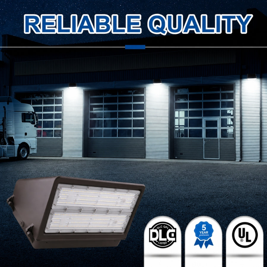 100W Full Cutoff LED Wall Pack Light, 14,000 Lumens, 400W Metal Halide Equivalent, 3000K/4000K/5000K CCT Selectable, Built-In Dusk-to-Dawn Photocell, 120-277V, DLC Premium, 5-Year Warranty