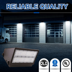 100W Full Cutoff LED Wall Pack Light, 14,000 Lumens, 400W Metal Halide Equivalent, 3000K/4000K/5000K CCT Selectable, Built-In Dusk-to-Dawn Photocell, 120-277V, DLC Premium, 5-Year Warranty