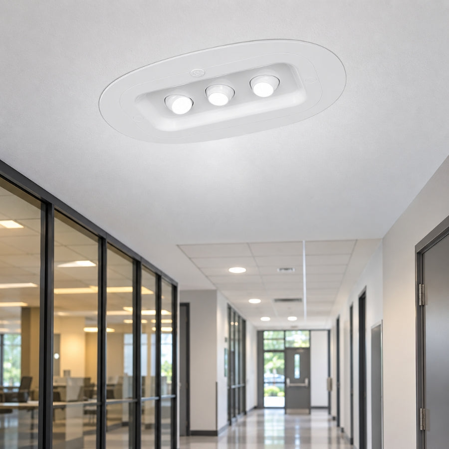3W LED Emergency Ceiling Light, 350+ Lumens, 100-347V, 5000K, UL 924 Listed, 90-Minute Emergency Runtime, Self-Diagnostic, Recessed/Bracket Mount, White Housing
