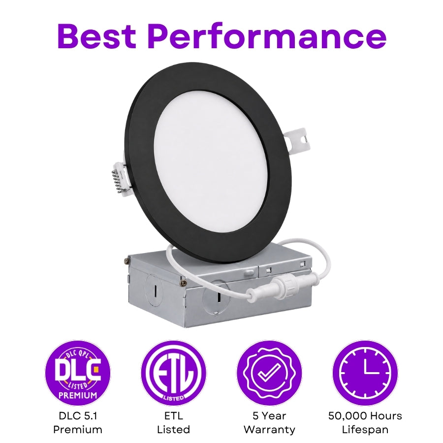 6-Inch Slim LED Recessed Downlight with Junction Box, 5CCT Selectable 2700K/3000K/3500K/4000K/5000K, 12W, 960 Lumens, 120V, TRIAC Dimmable, 90+ CRI, 120° Beam Angle, Black Metal Housing, Ultra-Thin Canless Wafer Design, ETL & cETL Listed