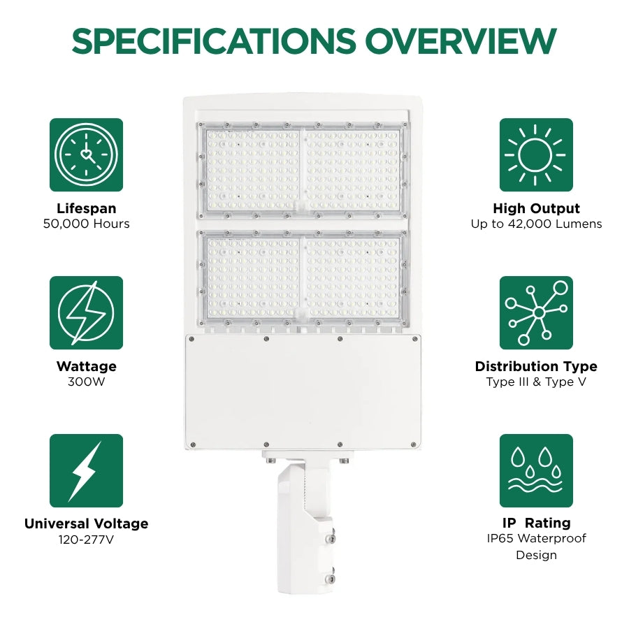 300W LED Parking Lot Light, 42,000 Lumens, 5000K Daylight, Type III/Type V Distribution, 120-277V, 1,000W Metal Halide Equivalent, Photocell Ready, 0-10V Dimmable, IP65 Waterproof, White Housing, UL & DLC Certified, 5-Year Warranty