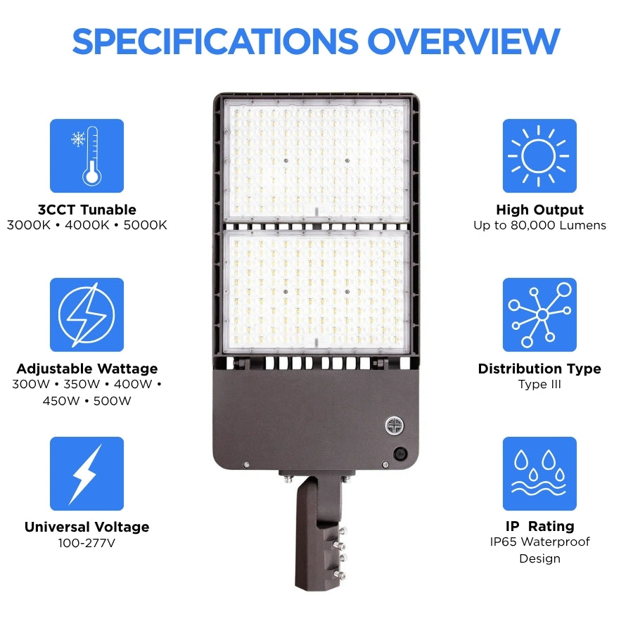 500W Max LED Shoebox Parking Lot Light, Up to 80,000 Lumens, 160 LM/W, 3000K/4000K/5000K CCT Selectable, Type III Distribution, 100-277V, 0-10V Dimmable, 1500W Metal Halide Equivalent, Bronze Housing, Slipfitter Mount, IP65, UL & DLC Certified