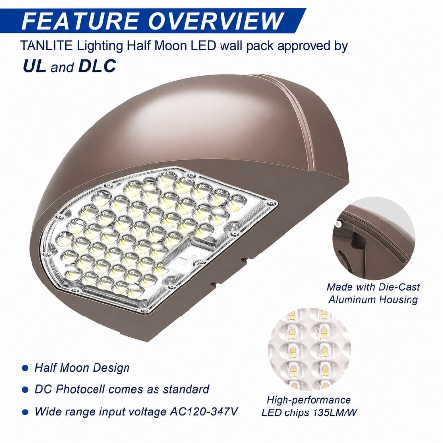 LED Half Moon Wall Pack Light, 3-Wattage Selectable (48W/64W/80W), Up to 10,800 Lumens, 3000K/4000K/5000K CCT Selectable, Up to 300W Metal Halide Equivalent, Built-In Dusk-to-Dawn Photocell, 120-347V, 5-Year Warranty