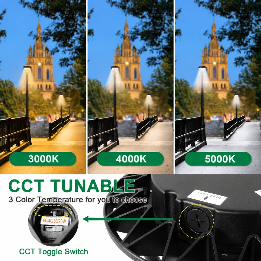 20W/30W/40W/60W CCT & Wattage Tunable Post Top LED Light, 3CCT 3000K/4000K/5000K, 130 LM/W, 120-277V AC, Built-In Photocell, 120° Beam, ETL/cETL & DLC Certified, IP65, 5-Year Warranty, Black Housing