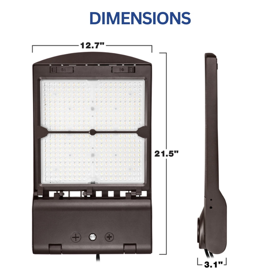 200W/240W/300W Selectable LED Parking Lot Light, Up to 45,000 Lumens, 3000K/4000K/5000K CCT Selectable, Type III Distribution, 120-277V, 1,000W Metal Halide Equivalent, 0-10V Dimmable, IP65 Waterproof, Bronze Housing, UL & DLC Certified, 5-Year Warranty