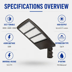 450W LED Shoebox Parking Lot Light, 58,500 Lumens, 1,500W Metal Halide Equivalent, 3000K/4000K/5000K CCT Selectable, Type III Distribution, 100-277V AC, 0-10V Dimmable, Bronze Housing, Slipfitter Mount, IP65, UL & DLC Certified