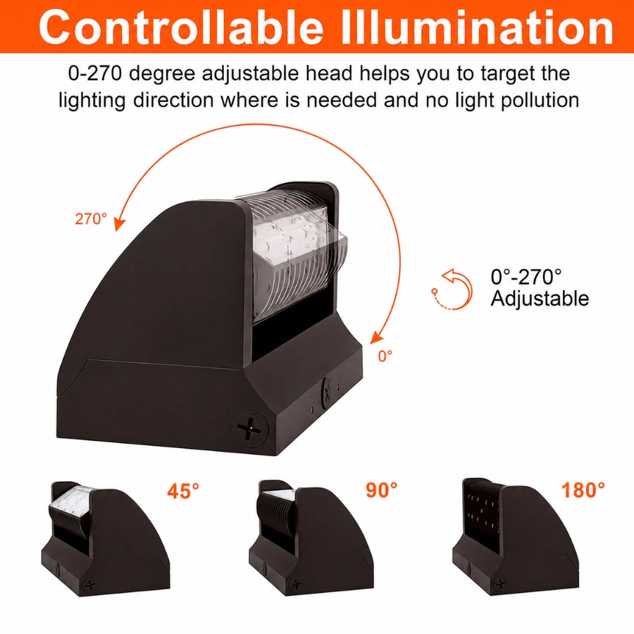 40W Rotatable LED Wall Pack Light, 5,400 Lumens, 200W Metal Halide Equivalent, 350° Adjustable Optics, 120-277V, DLC Premium, 5-Year Warranty