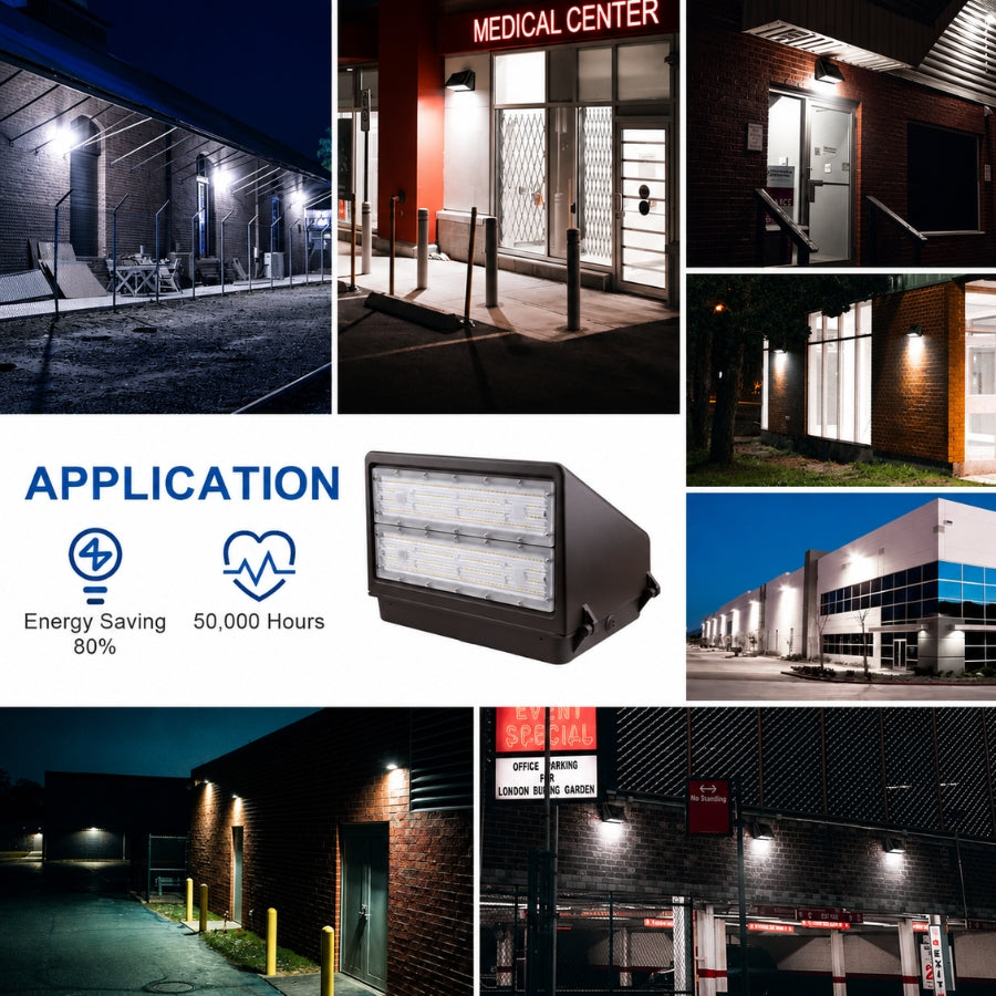 100W Full Cutoff LED Wall Pack Light, 14,000 Lumens, 400W Metal Halide Equivalent, 3000K/4000K/5000K CCT Selectable, Built-In Dusk-to-Dawn Photocell, 120-277V, DLC Premium, 5-Year Warranty