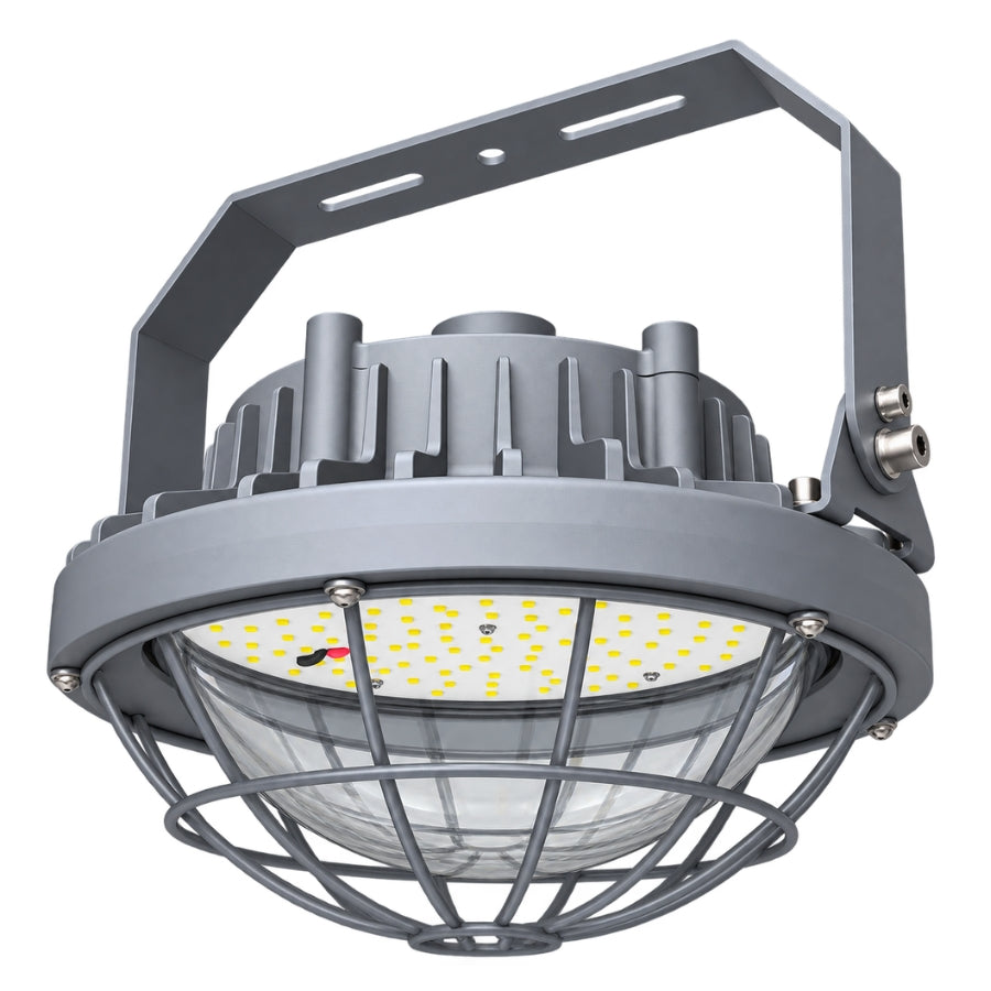80W Round LED Explosion Proof Low Bay Light, Class I Division 2, Groups A/B/C/D, Class II Division 2, 5000K, 10,400 Lumens, 120-277V AC, 130LM/W, IP66, UL/CUL Listed, DLC Listed, 180° Beam Angle, Hazardous Location