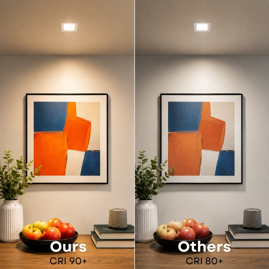 4-Inch Slim Square LED Recessed Downlight, 720 Lumens, 5CCT Selectable 2700K/3000K/3500K/4000K/5000K, Canless IC-Rated Ceiling Light with Junction Box, 9W TRIAC Dimmable Ultra-Thin Wafer Design, 18-27W MH/HPS Equivalent, 120V, 90+ CRI, 5-Year Warranty