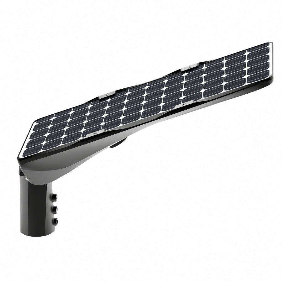 70W Solar LED Street Light, 7200 Lumens, 5700K, 180 LM/W, Integrated 18V Monocrystalline Solar Panel, LiFePO4 Battery, Motion Sensor, Dusk-to-Dawn Light Control, 150°×70° Beam, IP66, Die-Cast Aluminum, 4-7M Mounting Height