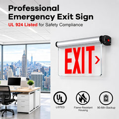 Edge-Lit LED Exit Sign with Emergency Battery Backup, Single-Face Red, Hardwired 120-277V AC, 120-Minute Emergency Runtime, Wall/Ceiling/Side Mount, Commercial Emergency Exit Lighting