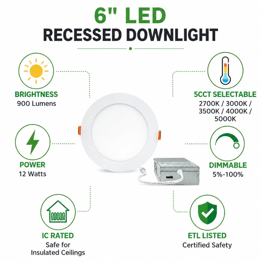6" LED recessed downlight with specifications on a white background